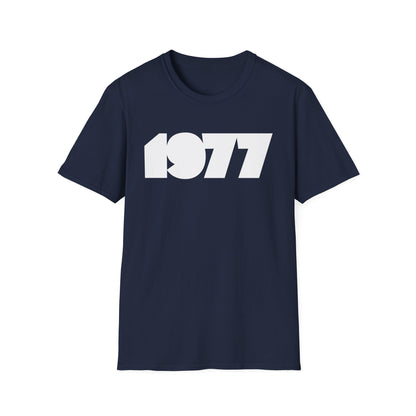 Navy t-shirt with white "1977" graphic design on the front.
