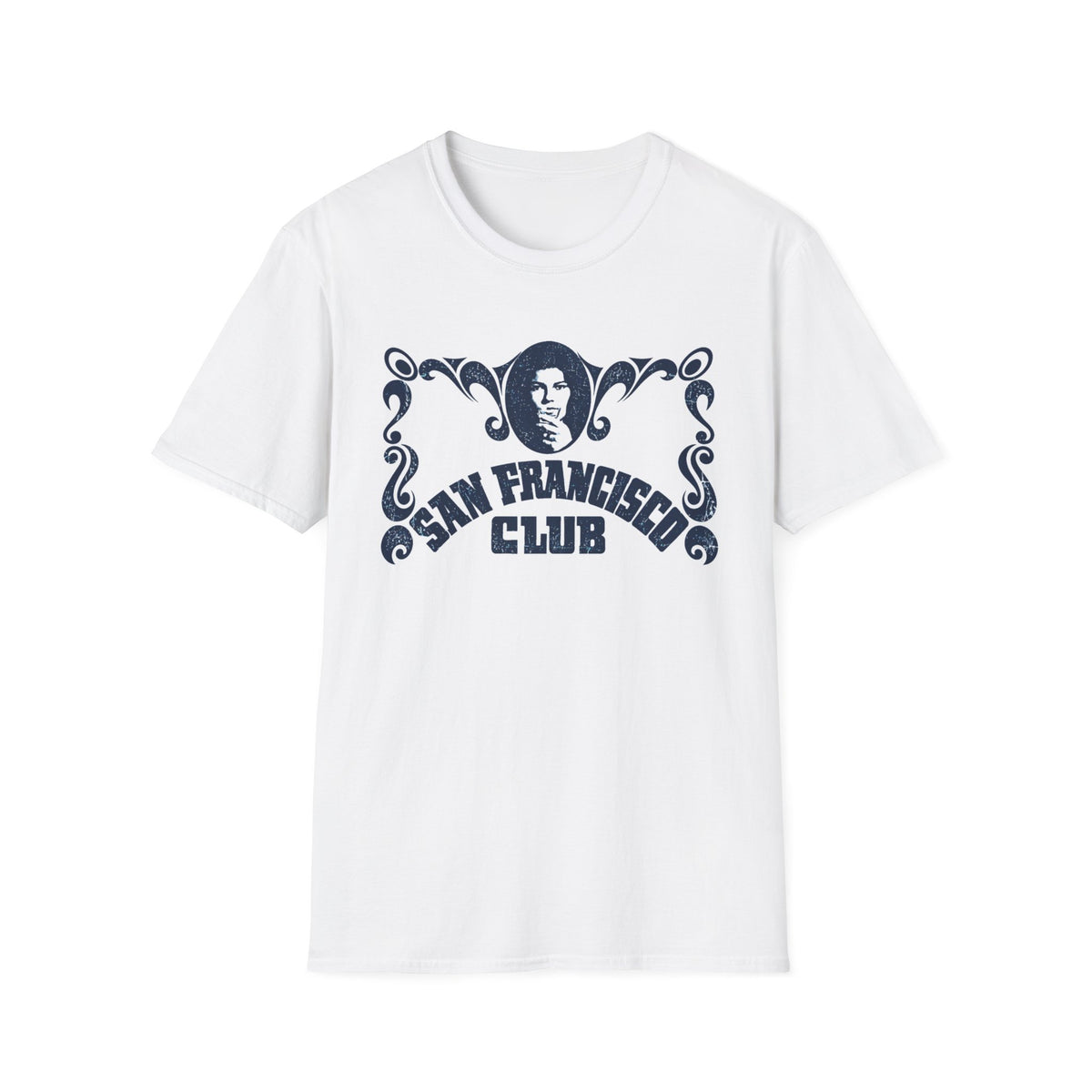 White t-shirt with distressed blue "San Francisco Club" graphic and portrait.