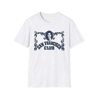 White t-shirt with distressed blue "San Francisco Club" graphic and portrait.