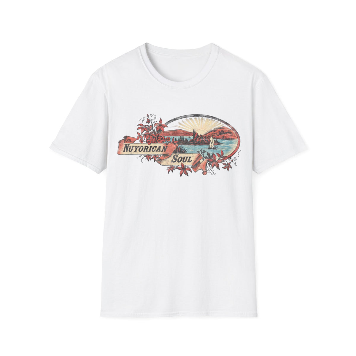 White t-shirt with oval graphic featuring "Nuyorican Soul" text and a coastal landscape.