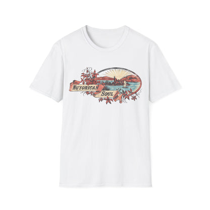 White t-shirt with oval graphic featuring "Nuyorican Soul" text and a coastal landscape.