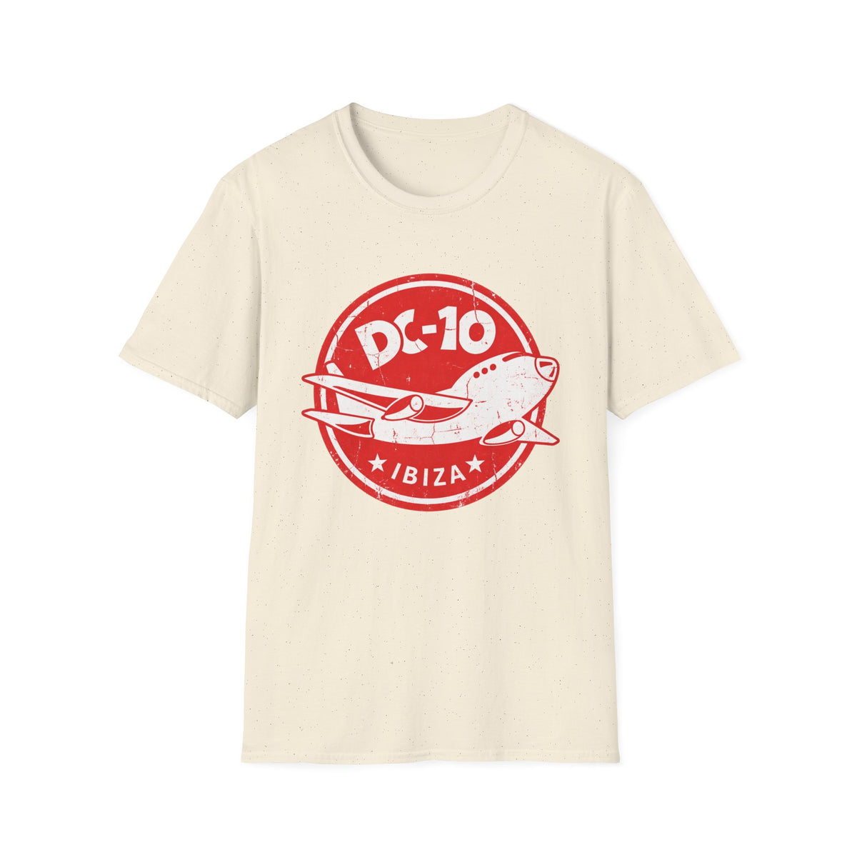 Cream t-shirt with distressed red circular graphic of DC-10 airplane and "IBIZA".