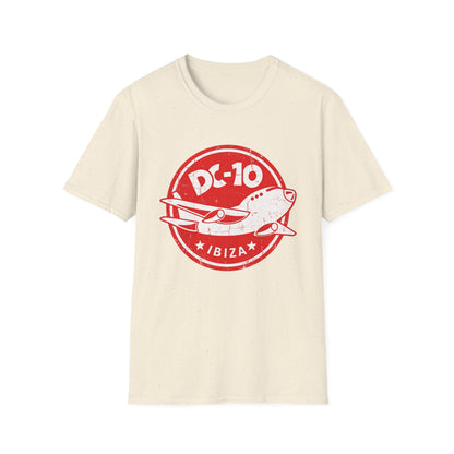 Cream t-shirt with distressed red circular graphic of DC-10 airplane and "IBIZA".