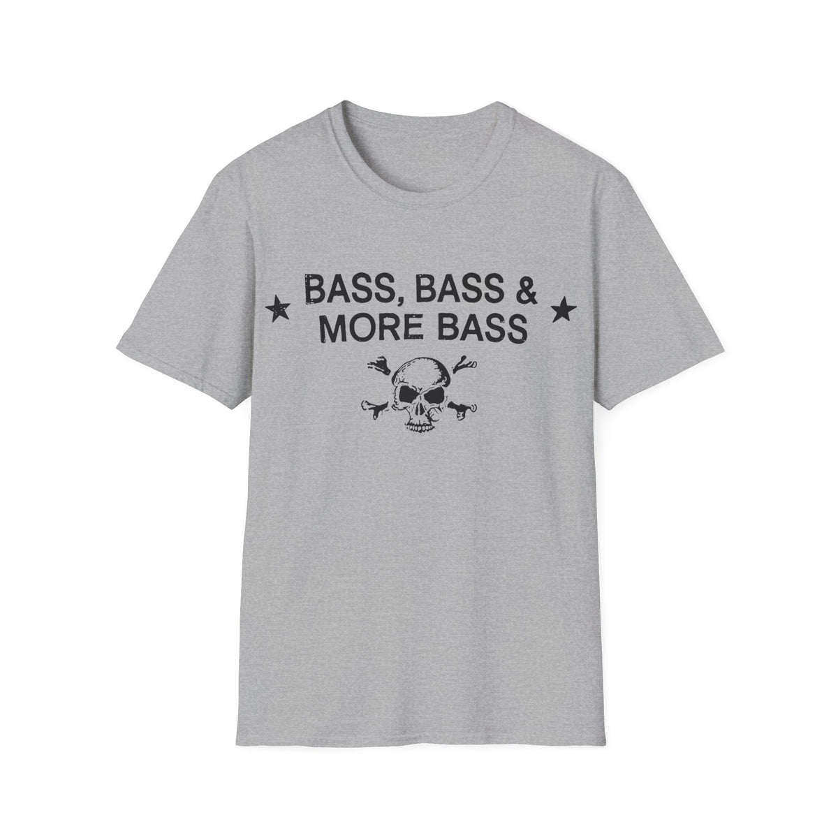 Grey t-shirt with black text "BASS, BASS & MORE BASS" and a skull with crossed bones.