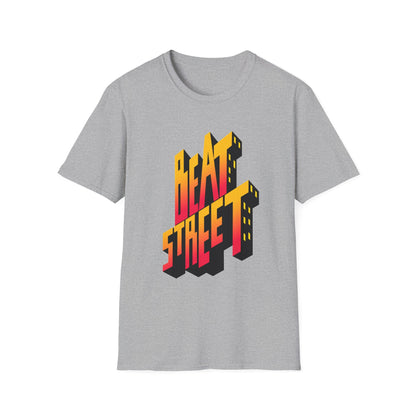 Grey t-shirt with 3D gradient text that reads "Beat Street" designed to look like buildings.
