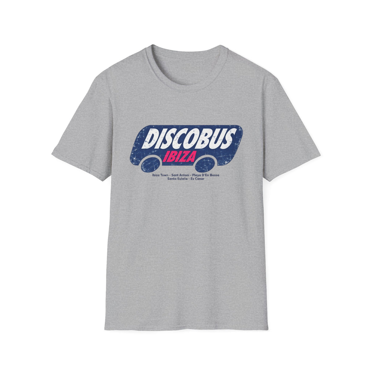 Grey t-shirt with "DISCOBUS IBIZA" bus graphic and Ibiza locations.