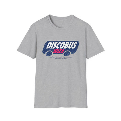 Grey t-shirt with "DISCOBUS IBIZA" bus graphic and Ibiza locations.