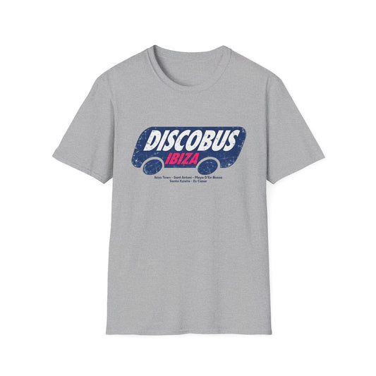 Grey t-shirt with "DISCOBUS IBIZA" bus graphic and Ibiza locations.
