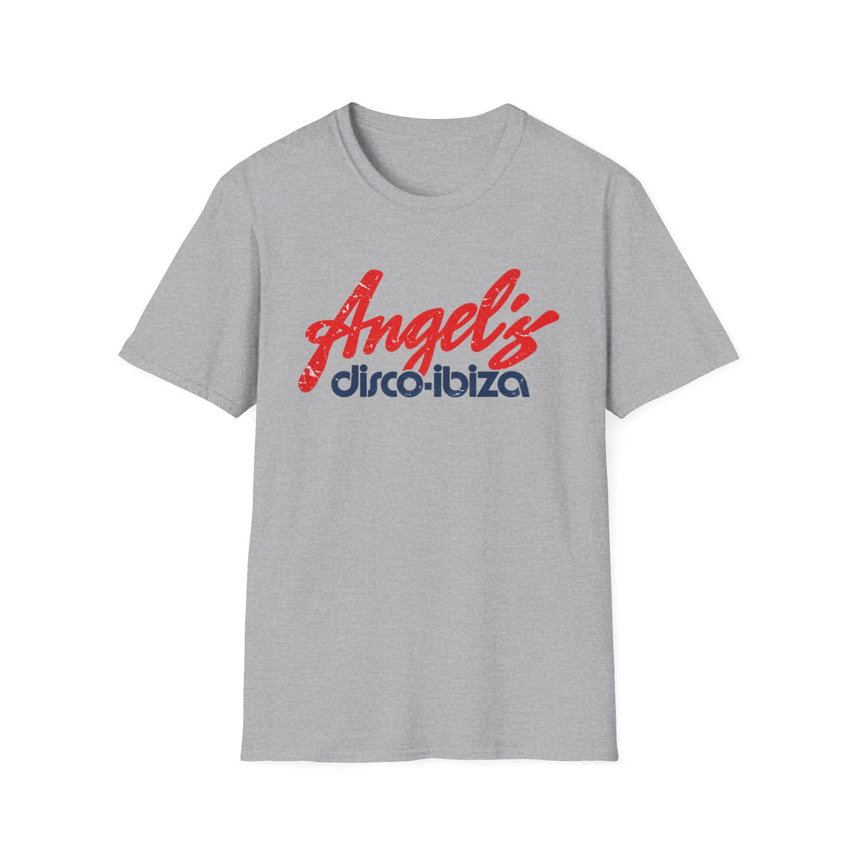 Grey t-shirt with red "Angel's" and blue "disco-ibiza" text.