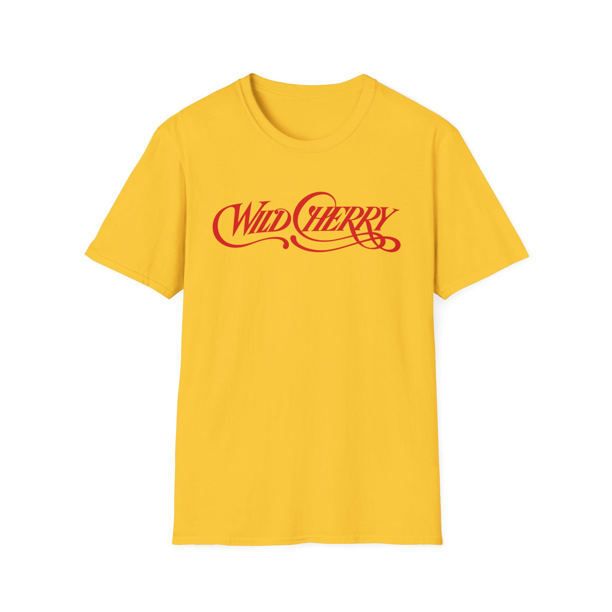 Yellow t-shirt with red "WILD CHERRY" text logo.