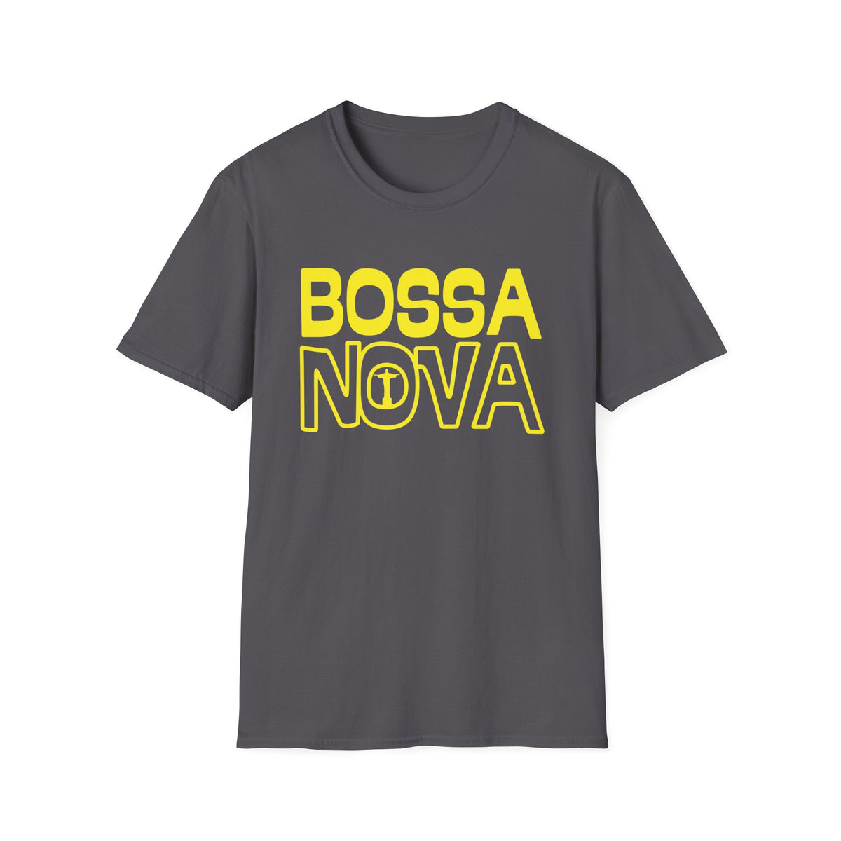 Dark grey t-shirt with yellow "BOSSA NOVA" text and Christ the Redeemer logo.