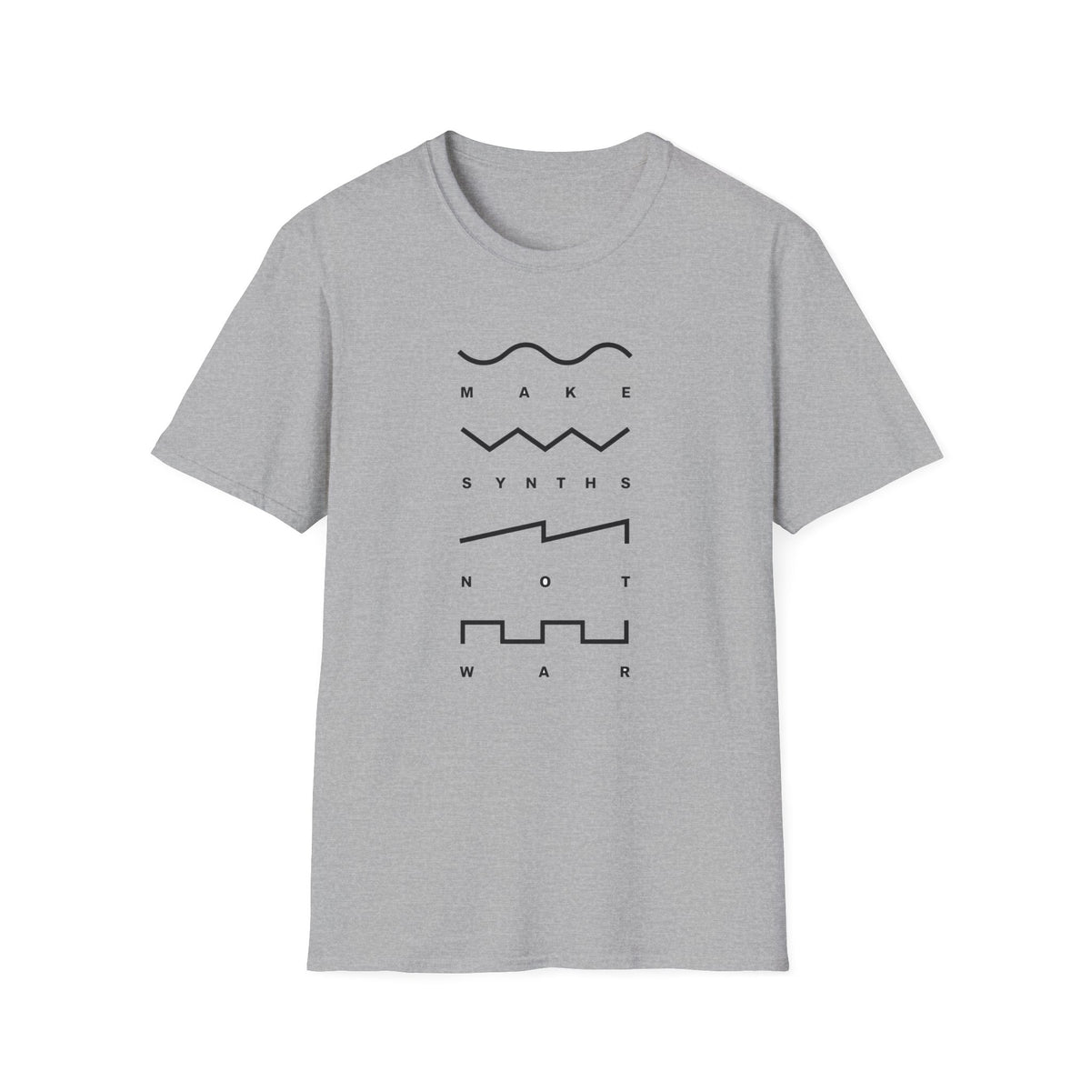 Grey t-shirt with "MAKE SYNTHS NOT WAR" text and waveform graphics.