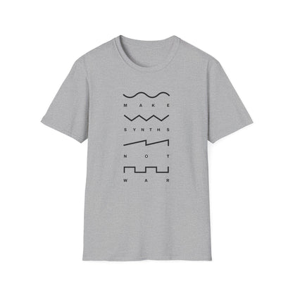 Grey t-shirt with "MAKE SYNTHS NOT WAR" text and waveform graphics.