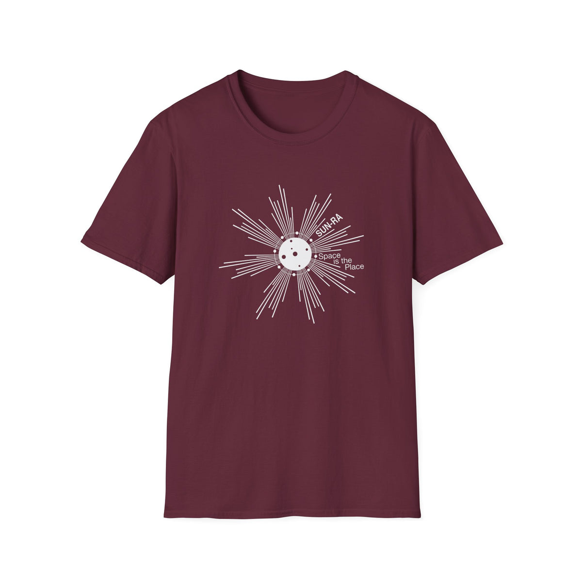 Maroon t-shirt with white "SUN-RA Space is the Place" graphic.