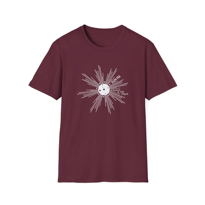 Maroon t-shirt with white "SUN-RA Space is the Place" graphic.