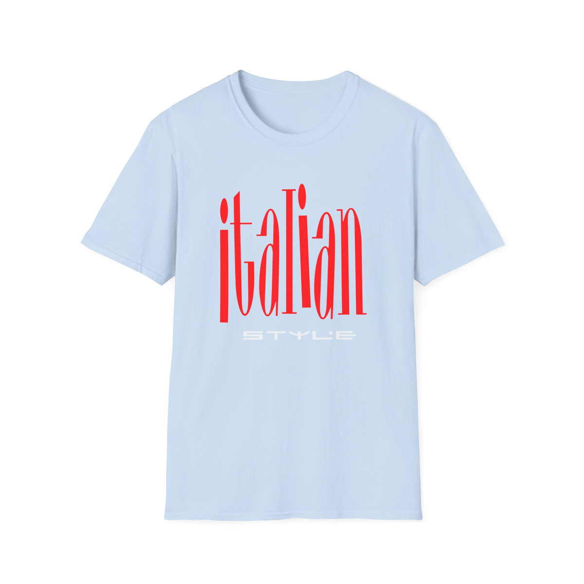 Light blue t-shirt with red "italian" text and white "STYLE" text.
