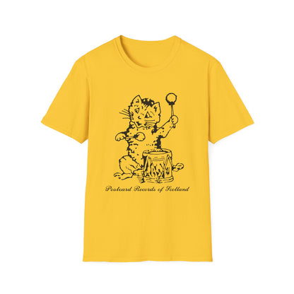 Yellow t-shirt with black line drawing of a cat playing a drum, "Postcard Records of Scotland" text.