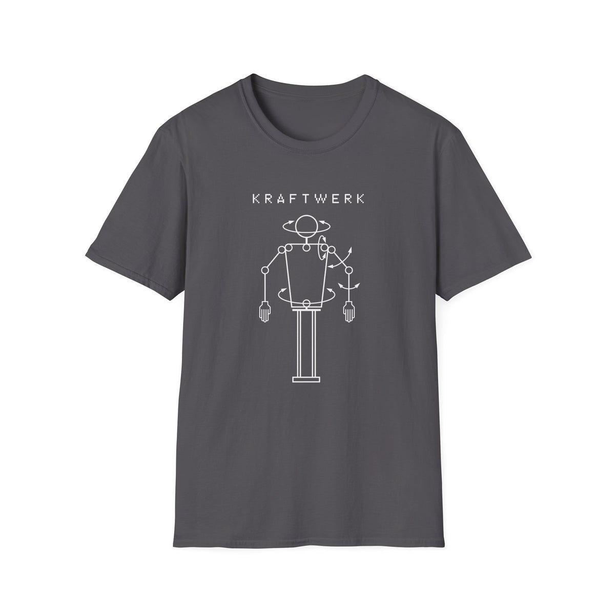 Dark gray t-shirt with "KRAFTWERK" and white robot graphic.