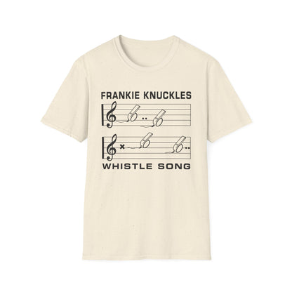 Cream t-shirt with "Frankie Knuckles Whistle Song" and musical staff with whistles.