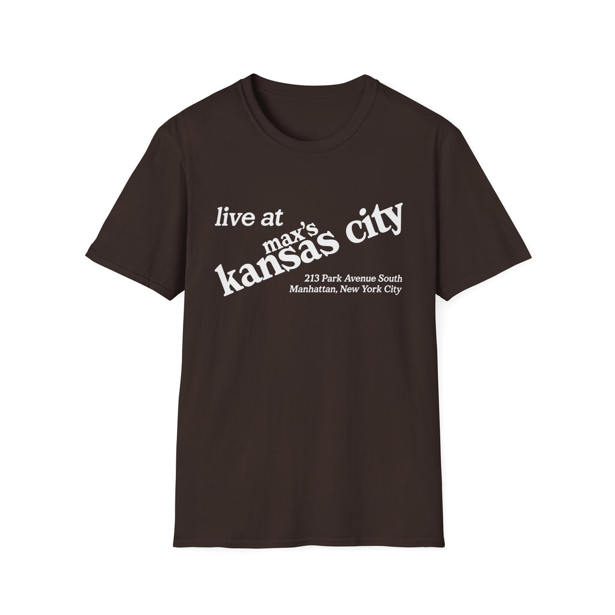Brown t-shirt with "live at max's Kansas City" and address.