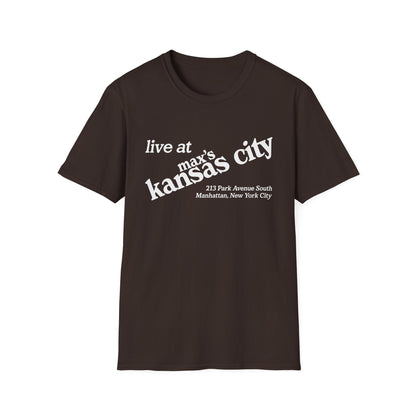 Brown t-shirt with "live at max's Kansas City" and address.