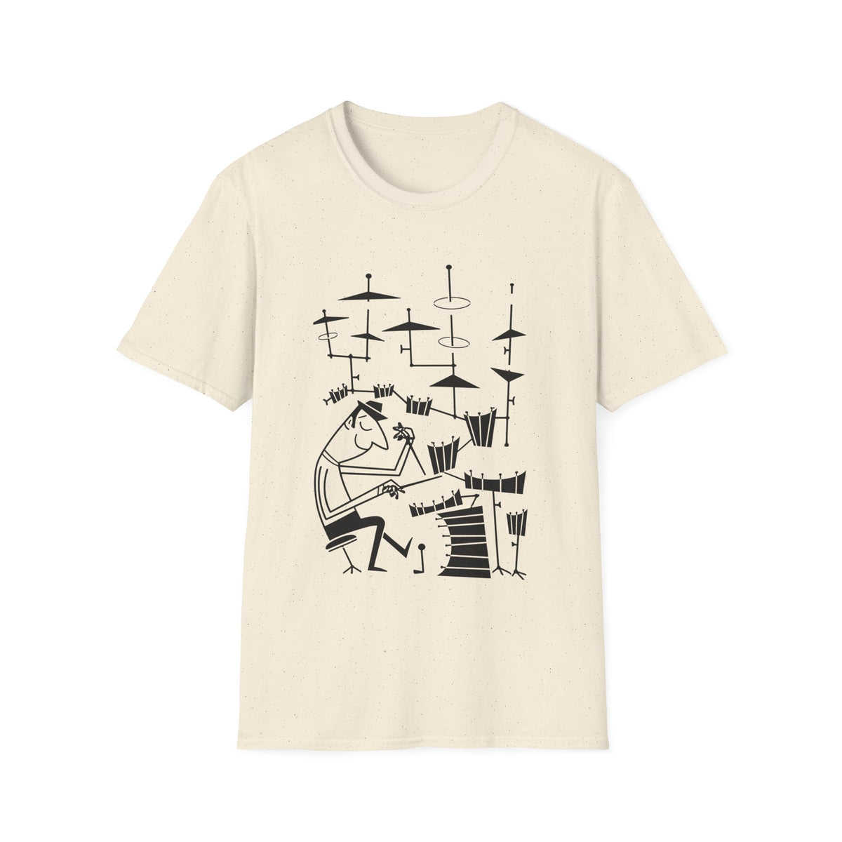 Illustration of a jazz drummer playing a drum set on a light speckled t-shirt.