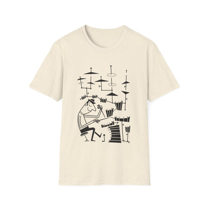 Illustration of a jazz drummer playing a drum set on a light speckled t-shirt.