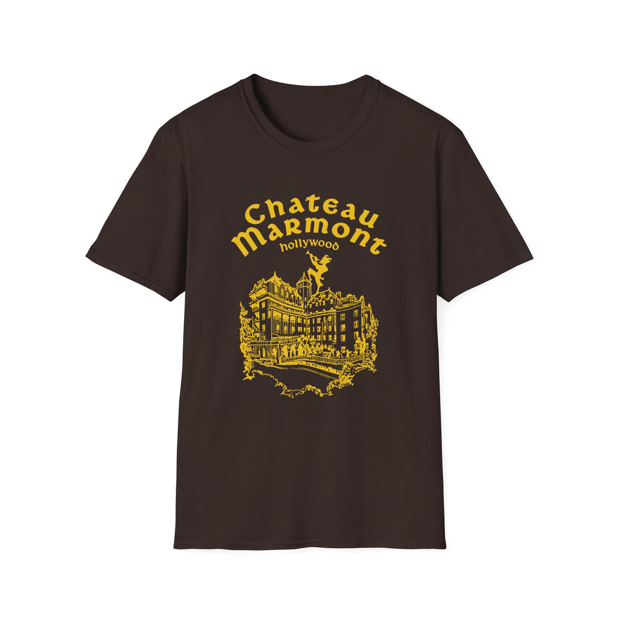 Brown t-shirt with yellow Chateau Marmont Hollywood graphic.