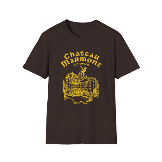 Brown t-shirt with yellow Chateau Marmont Hollywood graphic.