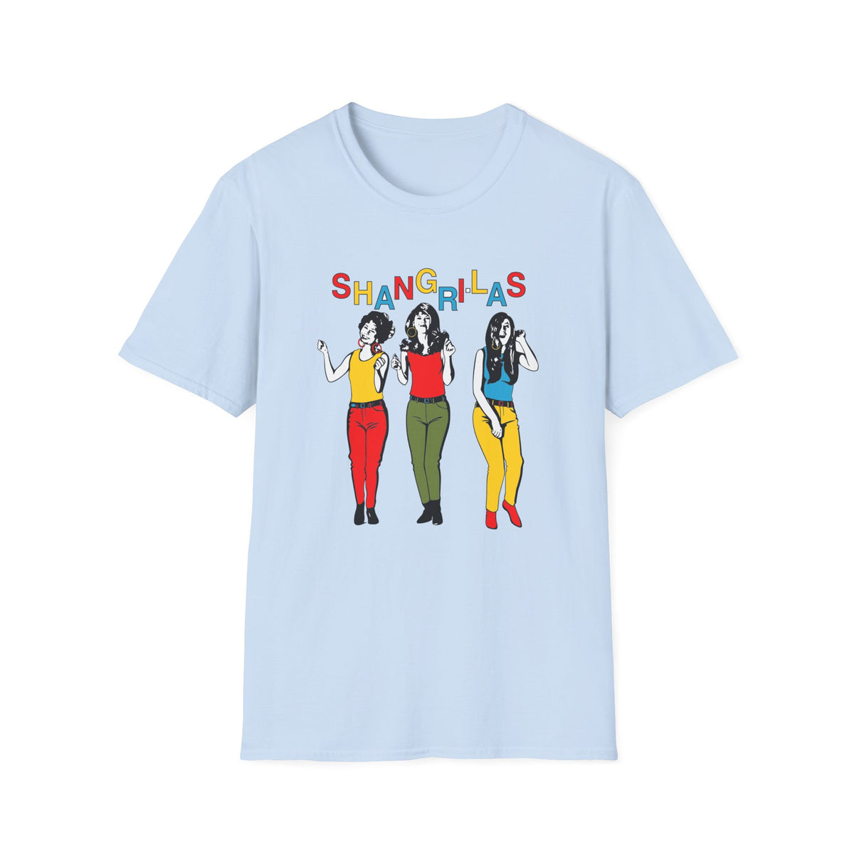 Light blue t-shirt with "SHANGRI-LAS" and three women graphic.