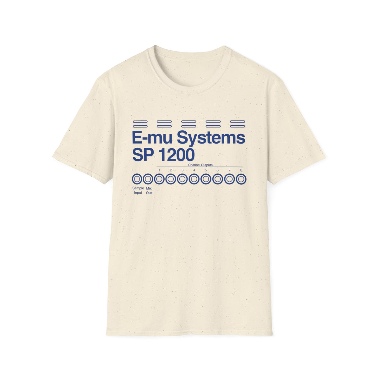 Cream t-shirt with E-mu Systems SP 1200 design and channel outputs.