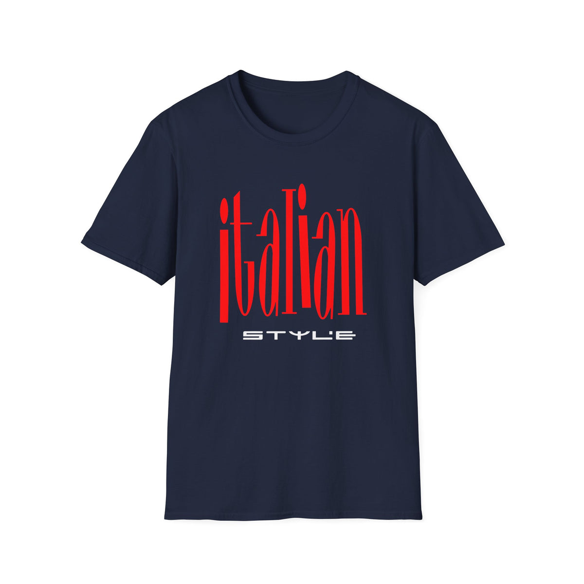 Navy t-shirt with red "italian" and white "STYLE" text graphic.