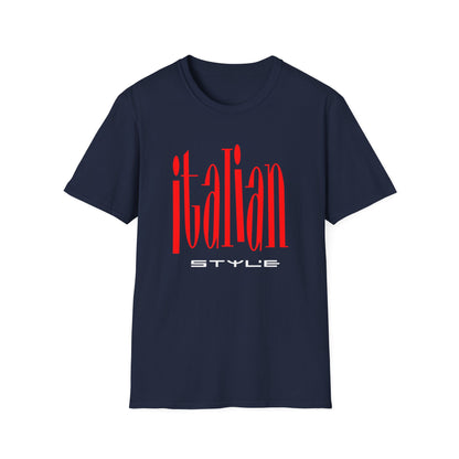 Navy t-shirt with red "italian" and white "STYLE" text graphic.