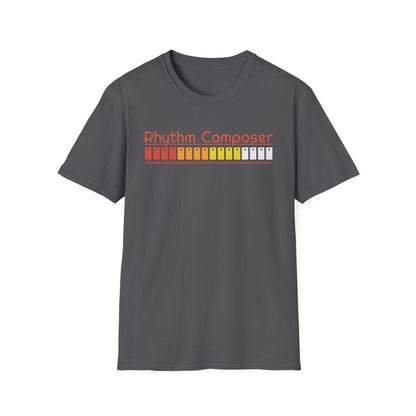Dark grey t-shirt with "Rhythm Composer" text and beat step sequencer graphic.