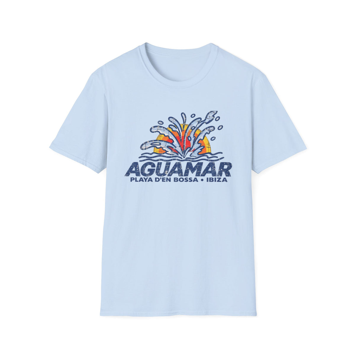 Light blue t-shirt with "AGUAMAR PLAYA D'EN BOSSA · IBIZA" text and water splash graphic.