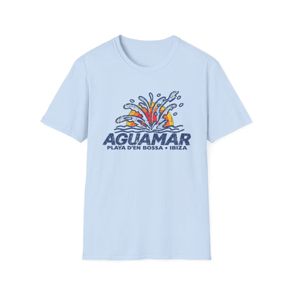 Light blue t-shirt with "AGUAMAR PLAYA D'EN BOSSA · IBIZA" text and water splash graphic.