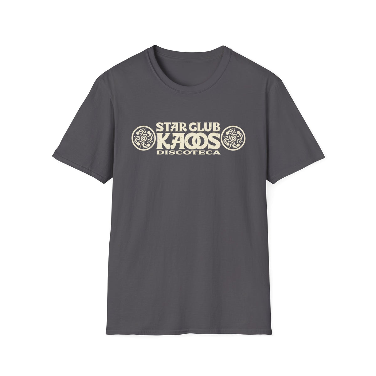 Grey t-shirt with "STAR CLUB KAOS DISCOTECA" text and circular graphics.