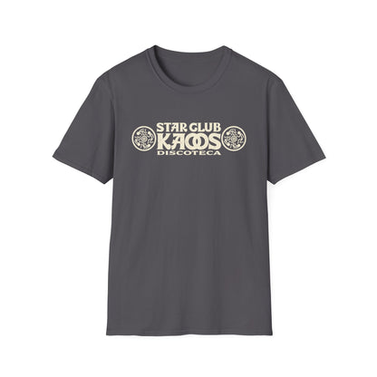 Grey t-shirt with "STAR CLUB KAOS DISCOTECA" text and circular graphics.