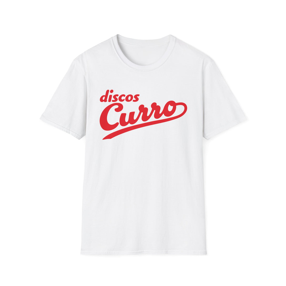 White t-shirt with red "discos Curro" text logo.