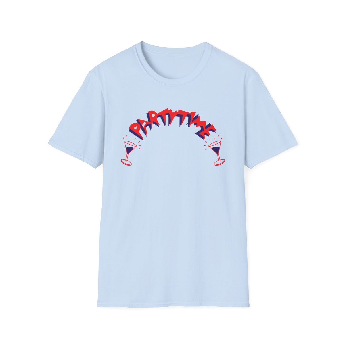 Light blue t-shirt with "PARTYTIME" text and two cocktail glasses.