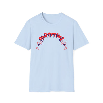 Light blue t-shirt with "PARTYTIME" text and two cocktail glasses.