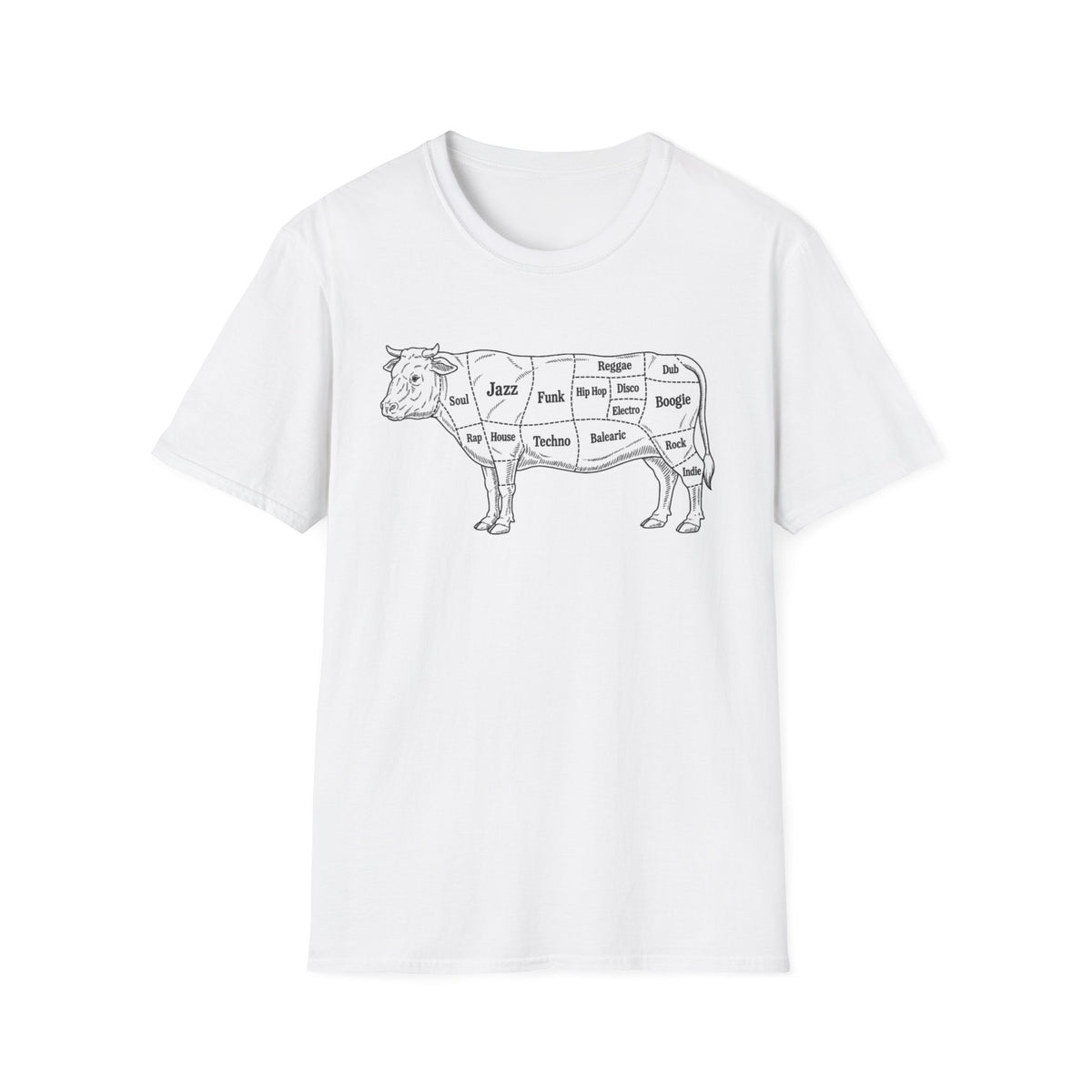 White t-shirt with a line drawing of a cow labeled with music genres.