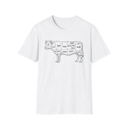 White t-shirt with a line drawing of a cow labeled with music genres.