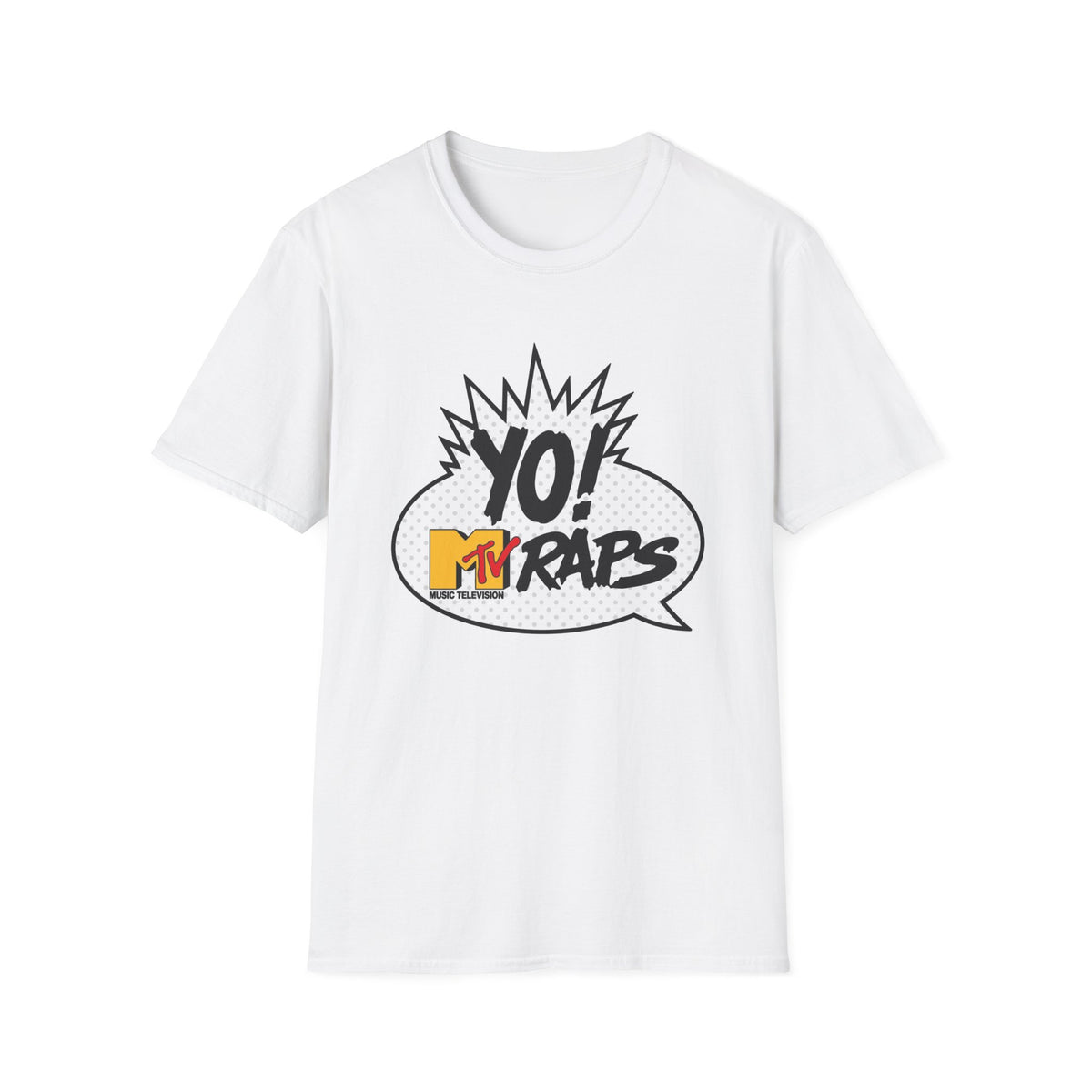 White t-shirt with Yo! MTV Raps logo in a speech bubble graphic.