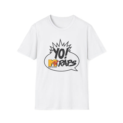 White t-shirt with Yo! MTV Raps logo in a speech bubble graphic.