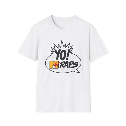 White t-shirt with Yo! MTV Raps logo in a speech bubble graphic.