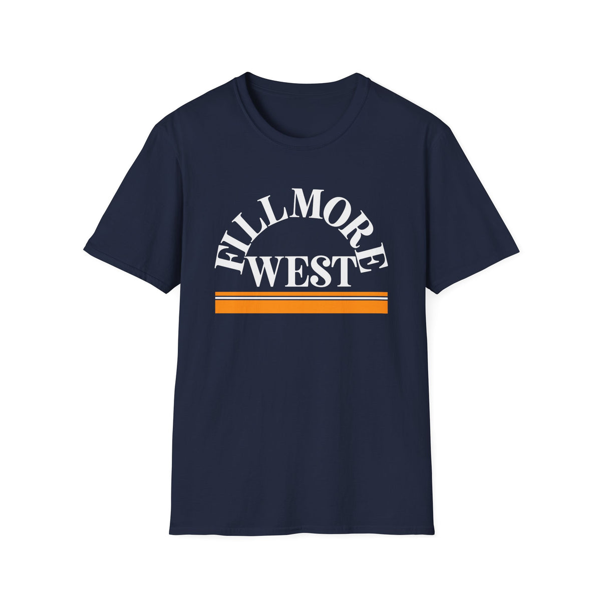 Navy t-shirt with white "FILLMORE WEST" text and orange stripes.