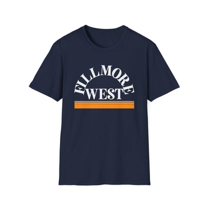 Navy t-shirt with white "FILLMORE WEST" text and orange stripes.