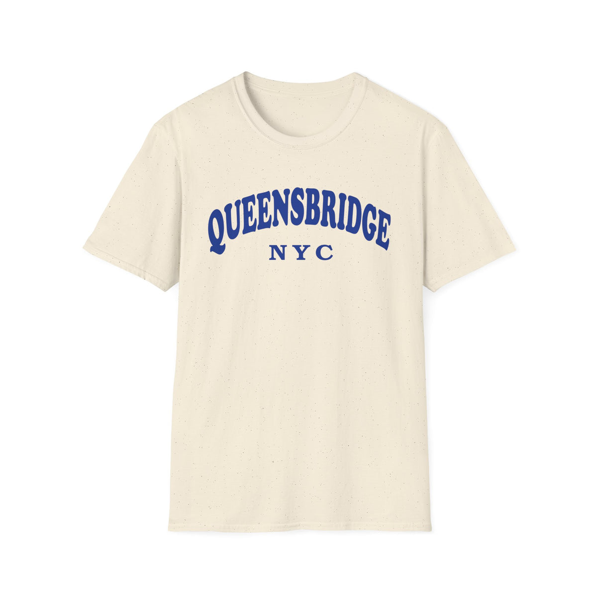 Cream t-shirt with "QUEENSBRIDGE NYC" text in blue arched lettering.