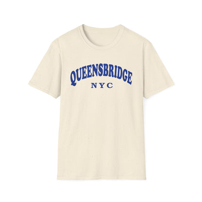 Cream t-shirt with "QUEENSBRIDGE NYC" text in blue arched lettering.